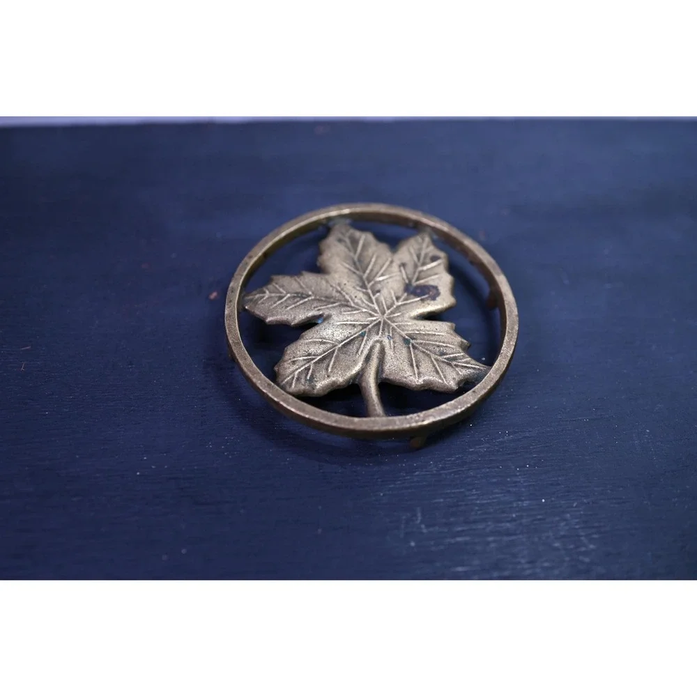 Vintage Brass Leaf Trivet Mid Century Modern Gold Maple Leaf Kitchen Decor 5x5